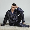 Men's dark blue ice silk pajama set with geometric patterns and long sleeves - L / Top And Bottom / Deep Blue Floral Pattern