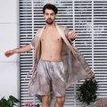 Men's luxury silk satin sleepwear set in navy blue with vintage golden pattern - M / Blue Gold