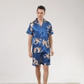 Men's navy blue satin dragon print pajama set with short sleeves and notched collar - XL / Navy Blue