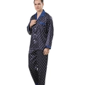 Men's silk-like long sleeve pajama set in navy blue with white geometric pattern - Blue Heart Style