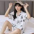 Damen Schlafanzug-Set aus Seide mit süßem Panda-Druck und grünem Paspel-Detail - S / Panda Kurzarm Shorts (Damen)