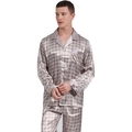 Men's silk satin pajamas set with vintage geometric patterns and long sleeves - Camel Geometric Style