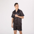 Men's navy blue satin striped pajama set featuring a short sleeve top and matching shorts - Gold Striped