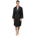Men's black silk-like satin robe with striped jacquard pattern and white piping details - Black Wide Stripe