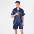 Men's navy blue satin silk pajama set with short-sleeved notched collar shirt and shorts - Solid Blue