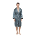 Men's blue-grey silk-textured satin bathrobe with vertical stripes and white piping trim - Green Wide Stripe