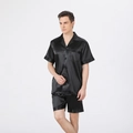 Men's black silk-satin pajama set featuring short-sleeve button-up shirt and shorts - Solid Black