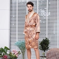 Men's bronze silk satin bathrobe with traditional pattern and champagne trim detailing - 3XL / Top And Bottom / Deep Gold