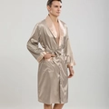 Men's silk satin long-sleeve bathrobe in champagne gold with geometric pattern - Khaki Small Plaid
