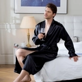 Men's black satin long-sleeved bathrobe with a silky finish and waist tie closure - M / Black