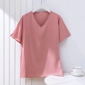 Women's pink cotton V-neck short sleeve loungewear top in loose fit, size XL - Pink