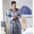 Silver grey men silk satin bathrobe with waist tie and pockets in a modern bedroom - M / Gray