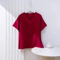 Women's V-neck wine red cotton silk pajama top with loose fit and smooth texture - Dark Red