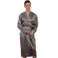 Men's silk-like long-sleeved bathrobe in deep grey with metallic luster and waist tie - M / Grey Green