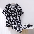 Women's cotton pajama set with cute panda print featuring V-neck top and shorts - One Size / Top And Bottom / Black White Panda Print