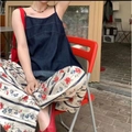 Women summer cotton floral wide leg lounge pants with camisole set for comfort - Rose