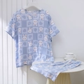 Light blue cotton pajamas set with cute rabbit print and V-neck short sleeve top - One Size / Top And Bottom / Light Blue Bunny Heart