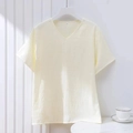 Detail view of cream V-neck cotton sleepwear top showing fabric texture and L size label - Light Yellow