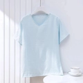Detail of light blue cotton short-sleeve V-neck t-shirt showing fabric texture and L size tag - Light Blue