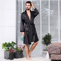 Men's black satin bathrobe with white trim and belt in a luxurious silk-like finish - 3XL / Top And Bottom / Black With Piping
