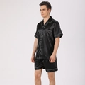 Men's black satin pajama set featuring short sleeves and shorts with white contrast piping - Black with White Edge