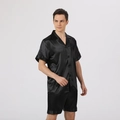 Men's black satin pajama set with short sleeves and shorts in a loose breathable fit - Solid Black