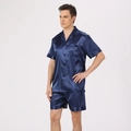Men's dark blue satin silk pajama set with short sleeve button-down shirt and shorts - Solid Blue