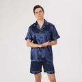 Men's dark blue satin silk pajama set with short sleeves and pants featuring white trim - Blue White Edge