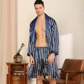 Men's silk satin pajama set featuring dark blue striped bathrobe and matching shorts - 3XL / Top And Bottom / Striped
