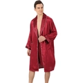Men's burgundy silk satin bathrobe set with long sleeves and white piping details - Wine Red Pinstripes