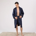 Men's navy silk-satin striped robe and shorts set with classic white piping - Blue Wide Stripe