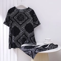 Completo da casa due pezzi con top a girocollo e pantaloni con stampa cachemire bicolore - Motivo Paisley Etnico (13 Nero)