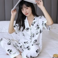 Women's thin silk pajama set with cute panda and bamboo print in white finish - Panda Short Sleeve And Long Pants Set
