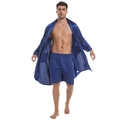 Dunkelblaues Satin-Pyjama-Set für Herren mit langärmeligem Seidenmantel und Shorts - S / Dunkelblau