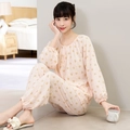 Detail of pink long-sleeve pajamas set with cute bear prints and button-front design - M / Light Yellow Bear