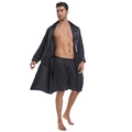 Zweiteiliges Herren-Bademantel-Set aus Satin in Dunkelgrau mit edler weißer Paspelierung - S / Schwarz