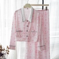 Pink striped silk pajama set with long sleeves and bow pattern on a white hanger - L / Pink Bowknot