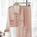 Pink and white striped long-sleeve silk pajamas set with lapel collar for women - L / Orange Stripes