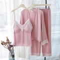 Conjunto de pijama rosa de 3 piezas en seda con encaje y bata con cinturón a juego - L / Rosa Loto