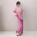 Conjunto de pijama estilo zen para mujer con top de manga larga y pantalón ancho bicolor - Melocotón Rosa