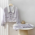 Women's lavender silk pajama set with damask pattern, long sleeves and V-neck collar - L / Purple