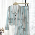 Light blue striped silk pajama set for women with long sleeves and cartoon bunny prints - L / Rabbit