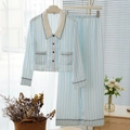 Women's light blue and white striped silk pajama set with long sleeves and lapel collar - L / Top And Bottom / Blue Stripe