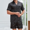 Set pigiama da uomo in seta di ghiaccio nero a pois con camicia e pantaloncini estivi - S / Pois Nero