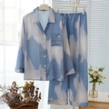 Set pigiama in seta di ghiaccio da donna con maniche lunghe e motivo nuvola blu e bianco - M / Tie Dye Blu