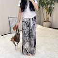 Detail of loose fit marble print pajama pants with adjustable drawstring waist for women - Ink Painting