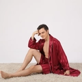 Men's dark red silk-like pajama set with robes and shorts featuring striped jacquard - Wine Red Wide Stripe