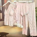 Hellrosa 4-teiliges Seiden-Pyjama-Set mit weißen Schleifenmustern und Spitze - M / Rosa Silbergeprägtes Kurzarm Set (Oberteil Und Cami Und Hose Und Shorts)