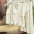 Set pigiama 4 pezzi in raso crema con fiocchi d'argento e dettagli in pizzo fine - XL / Completo 4 Pezzi Manica Corta (Sopra e Sotto) / Oro Stampa Argento