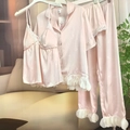 Rosa Eisseide Pyjama 4-Teiler Set mit Spitzenbesatz und Schmetterling-Jacquard - M / Rosa Geprägtes Kurzarm Set (Oberteil Und Cami Und Hose Und Shorts)